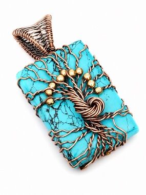 Handmade - Turquoise Tree of Life Copper Wire Wrapped Pendant Necklace